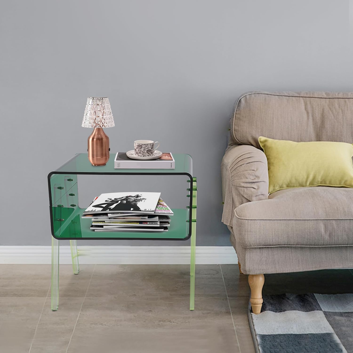 Acrylic Side Table, 2-Tier End Table with Open Storage for Small Spaces, Nightstand Bedside Table for Office, Bed Room, Conference Room (Green)