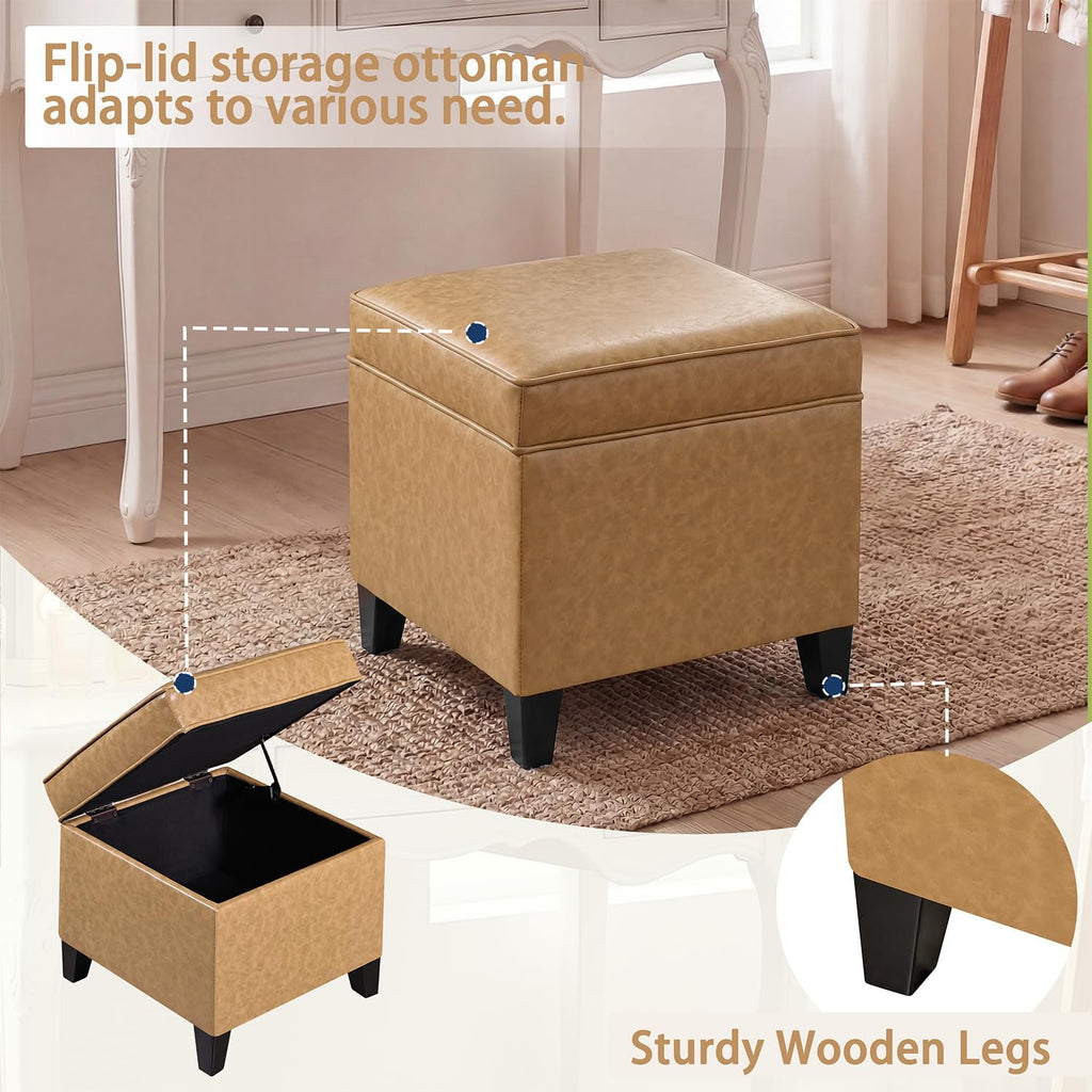 17” Faux Leather Storage Ottoman with Wooden Legs, Upholstered Square Flip-Top Footrest, Extra Seat or Coffee Table for Living Room, Bedroom, Entryway, Light Brown