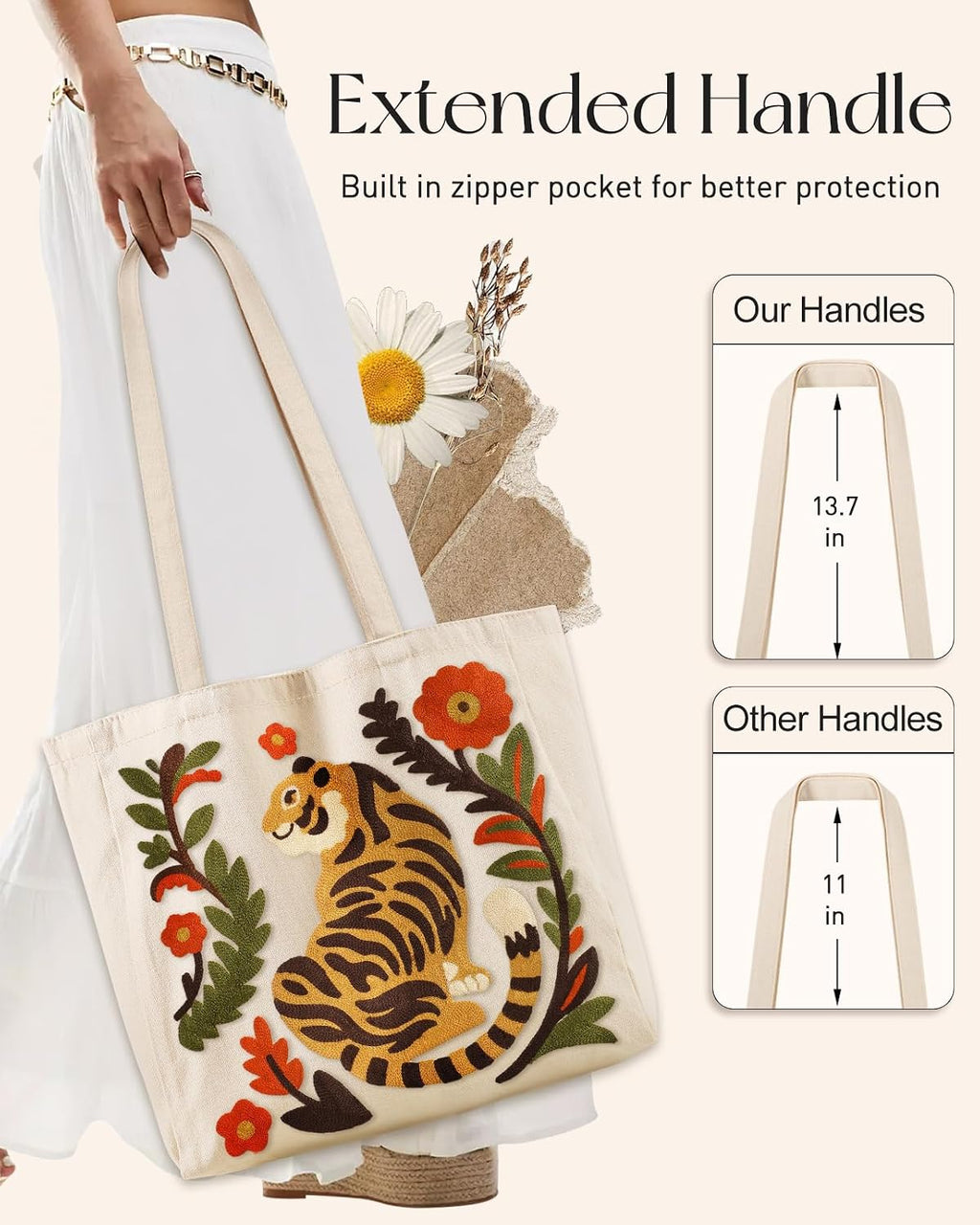 Miss Adola Embroidery Canvas Tote Bag for Women - Reusable Totes with Pocket & Buckle Aesthetic Cute Grocery Shoulder Bag