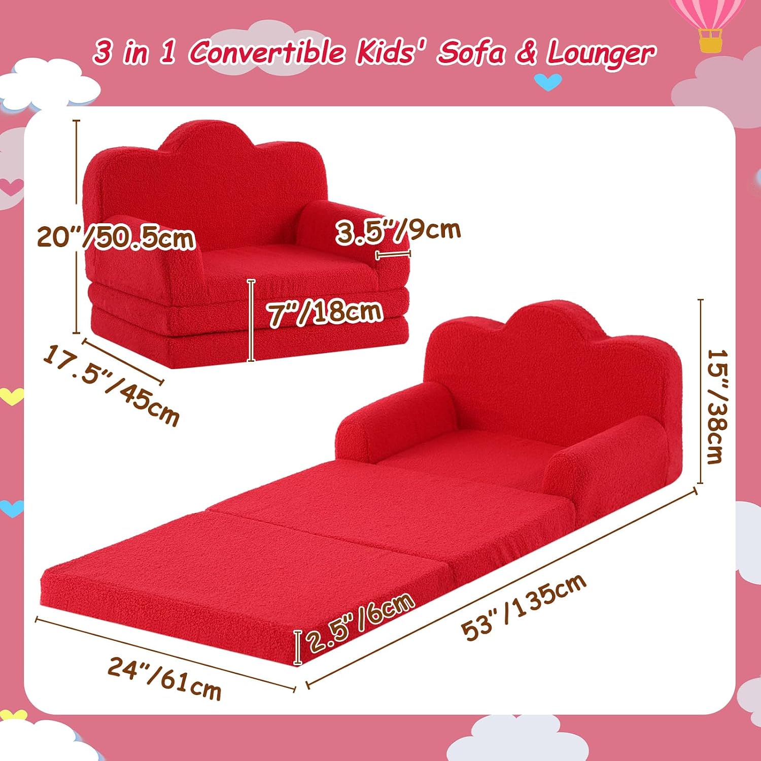 Tiita Kids Sofa, 2-in-1 Soft Toddler Couch Fold Out, Cloud-Like Comfy Couch Toddler Reading Chair with Carrying Handle Washable Cover, Kids Furniture for Boys and Girls