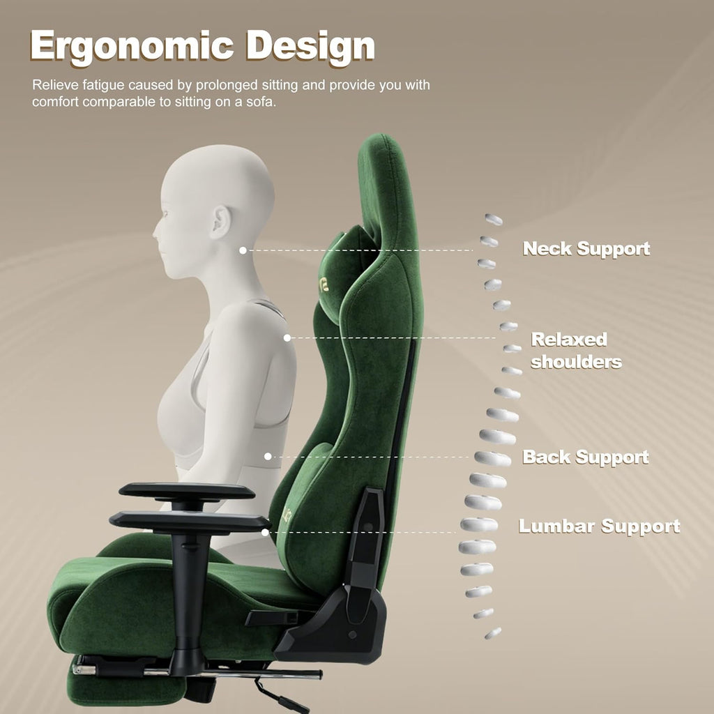 Symino Gaming Chair, Ergonomic Office Chair with 2D Armrests, 150° Recline, Breathable Faux Suede Fabric, Adjustable Headrest, Computer Desk Chair for Home Office, with Footrest, Green