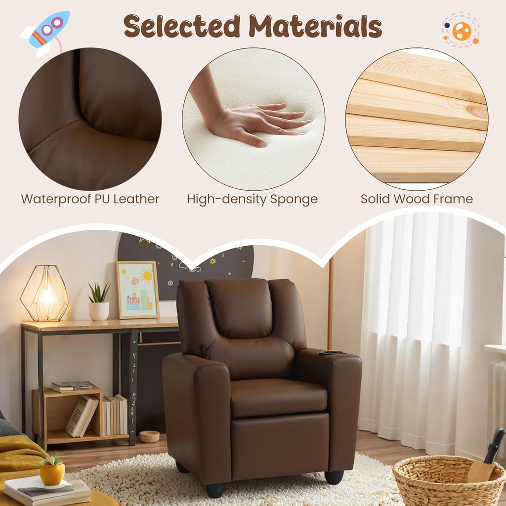 HONEY JOY Kids Recliner, 2-in-1 Toddler Armrest Sofa Couch with Cup Holders, Adjustable Footrest, PU Leather, Child-Size Recliner Chair for Boys Girls Age 3+ (Brown)