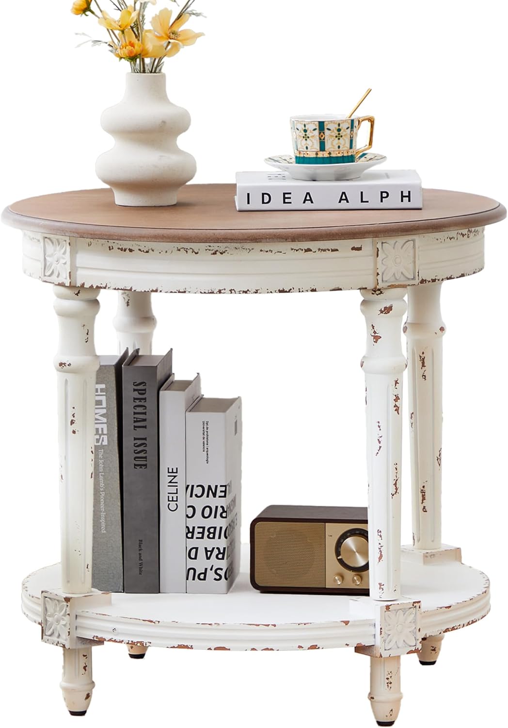 BERRYMERRY 23.6" French Country Two Tone Round End Table,Chipped White Vintage 2 Tier Side Table for Living Room Small Space,Easy Assembly (White 1 PC)