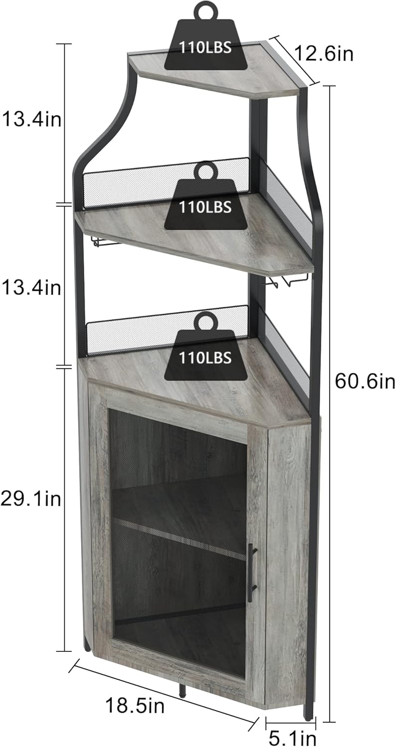 Amyove Corner Wine Bar Cabinet with Detachable Wine Rack, Industrial Wine Cabinet with Glass Holder, Small Sideboard and Liquor Coffee Bar Cabinet with Mesh Door, ‎Grey