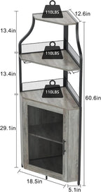 IDEALHOUSE 61'' Tall Corner Wine Bar Cabinet with Adjustable Shelves, 5-Tier Industrial Bar Cabinet with Glass Holder, Home Bar with Mesh Door for Liquor and Glasses, Grey