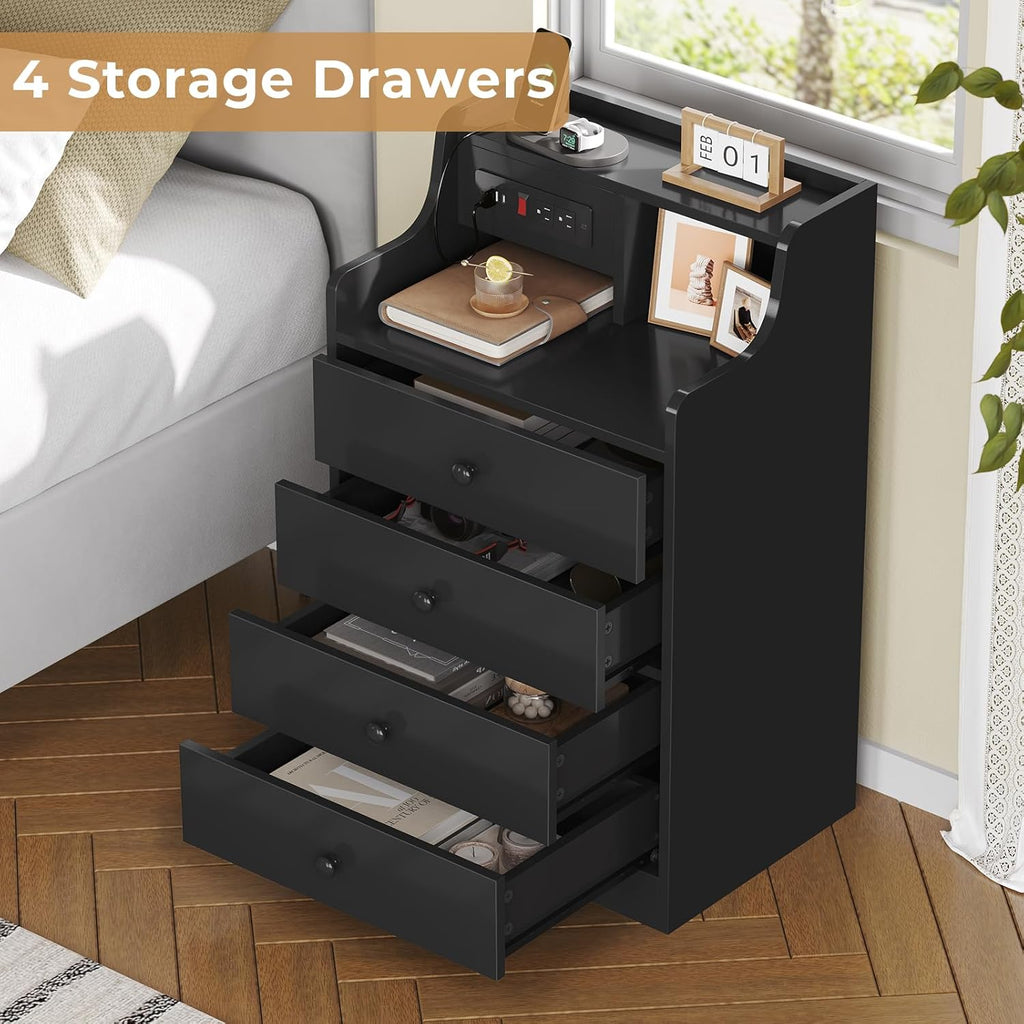 ADORNEVE Nightstand with Charging Station & Hutch,Black | Tall Bedside Table with 4 Drawers,Charging Night Table,Night Stand for Bedroom,Bed Side Tables