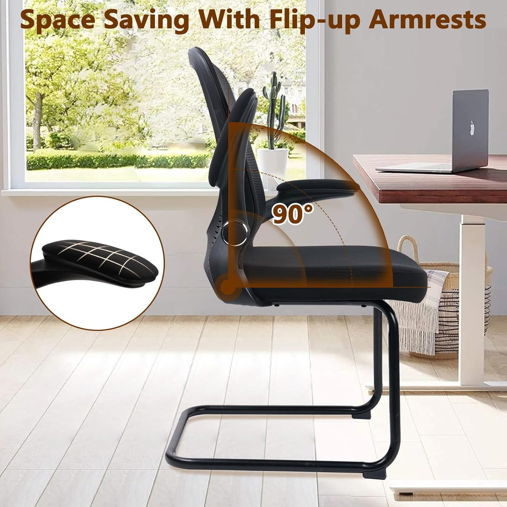 CLATINA Office Guest Chair Sled Base, Ergonomic Mesh Desk Chair Adjustable Lumbar Support and Flip Up Arms, Office Guest & Reception Chairs no Wheels for Conference Room, Black (1PK)