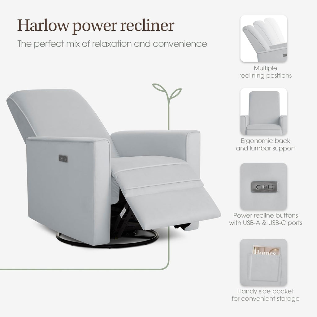 Evolur Harlow Upholstered Power Glider Recliner with USB Charging – Rocking & 275° Swivel with Smooth Glide – Greenguard Gold & FSC Certified – Modern Nursery and Living Room Chair in Grey