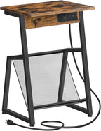HOOBRO Side Table with Charging Station, Small End Table with Magazine Storage Rack, Industrial Nightstand for Small Spaces, Living Room, Bedroom, Dorm, Office, Rustic Brown and Black BF001UBZ01