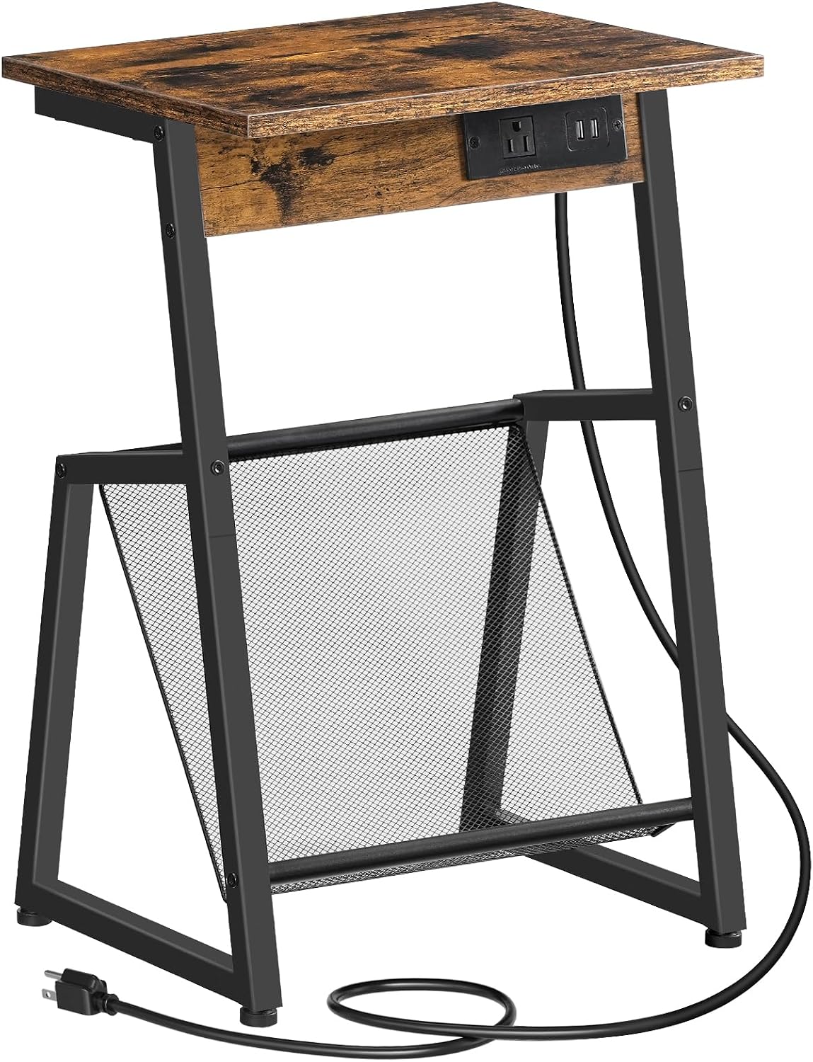 HOOBRO Side Table with Charging Station, Small End Table with Magazine Storage Rack, Industrial Nightstand for Small Spaces, Living Room, Bedroom, Dorm, Office, Rustic Brown and Black BF001UBZ01
