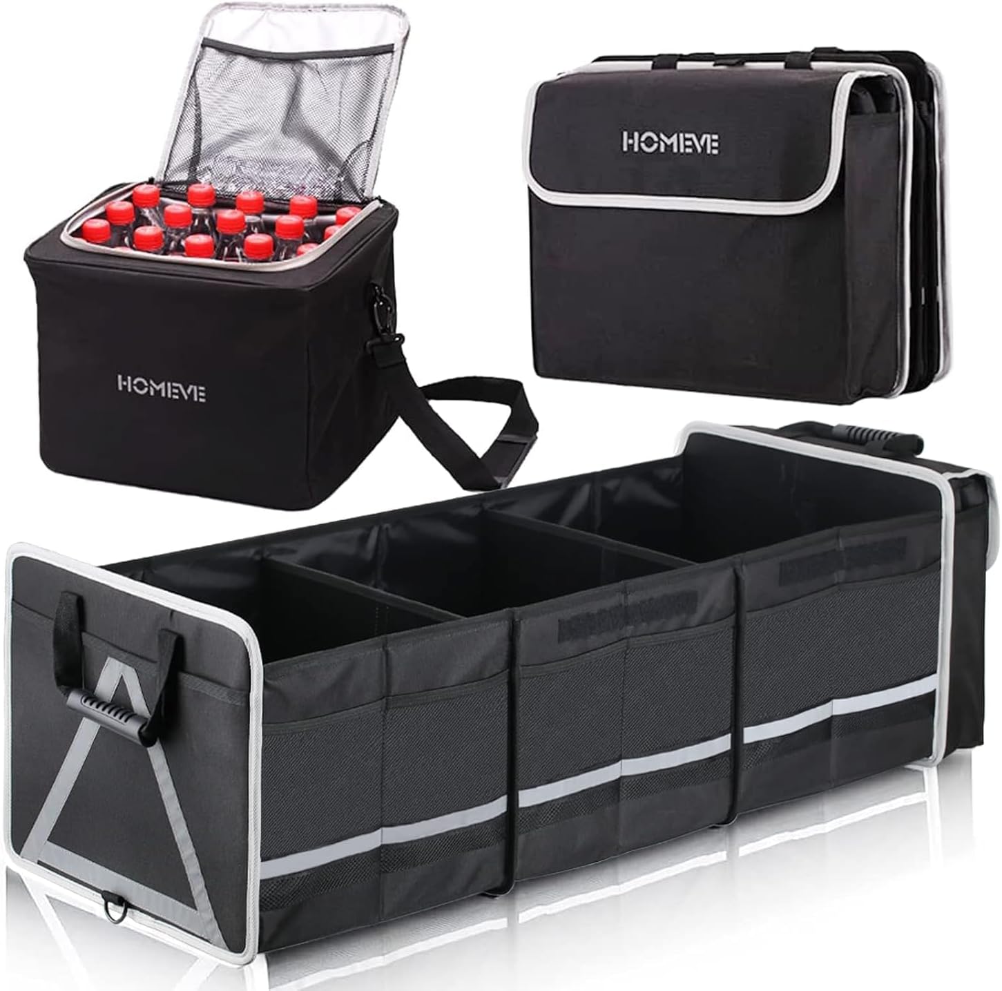 Homeve Car Trunk Organizer for SUV, 25Gal Large Capacity No-Sag Heavy Duty, Foldable Waterproof Anti-Slip Storage with 12 Pockets, Fit Sedan,Truck,Universal Car Accessories, Black, 3 Compart, Large