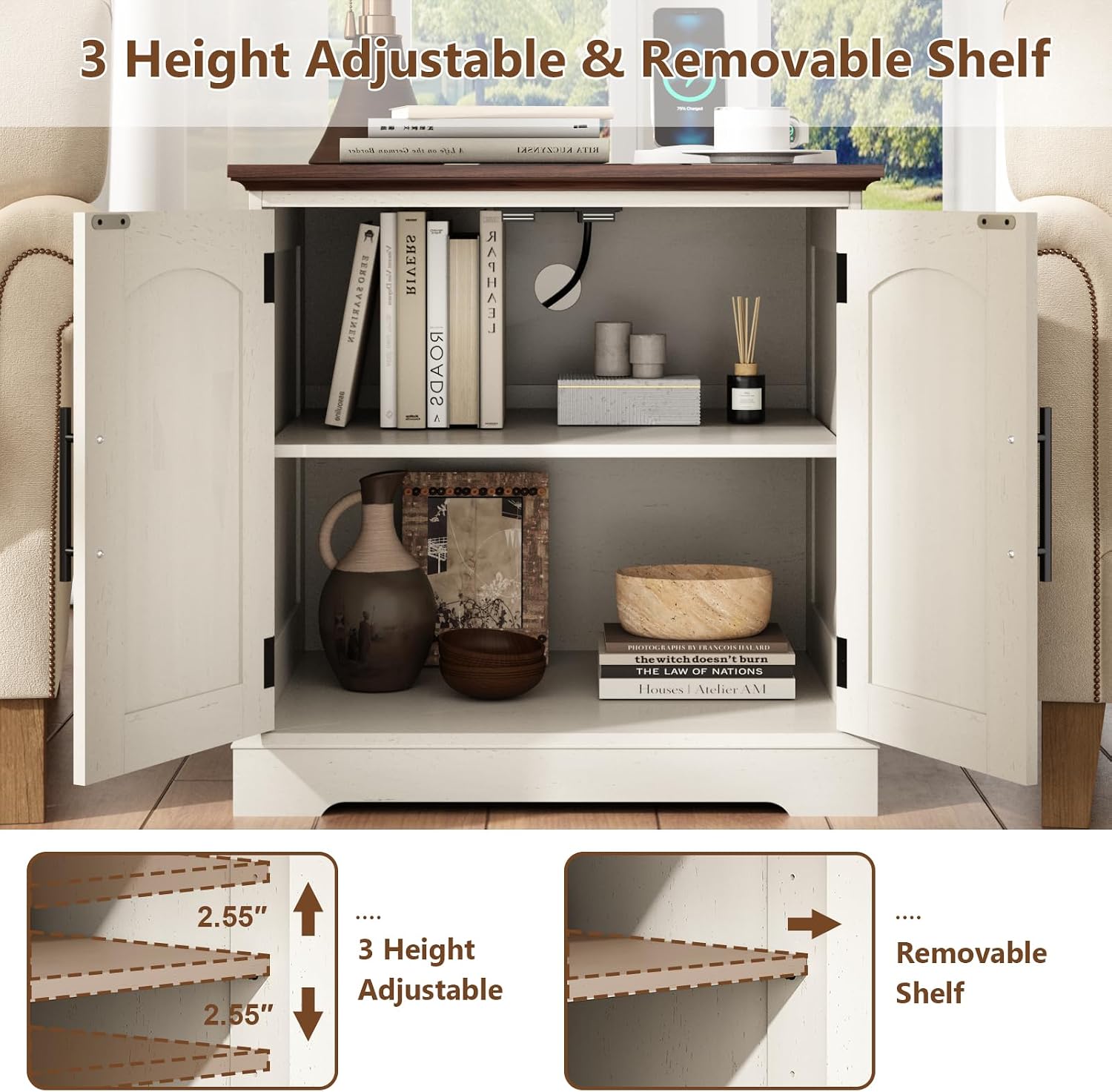 HOKYHOKY Rustic End Table with Charging Station, 24" Large Sofa Side Table with 2 Arched Doors, Farmhouse Wood Square Nightstand Bedside Tables with Adjustable Storage Shelf for Living Room, Bedroom