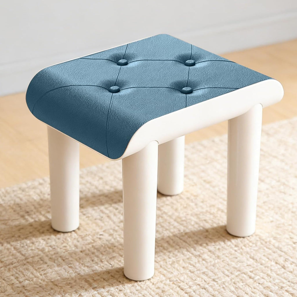 Faux Leather Foot Stool with Legs, Small Footstool Ottoman, Waterproof and Anti-Slip, Load up to 220 lb, for Bathroom, Living Room, Entryway, and Dorm, Blue,12.6x9.8x10.6in