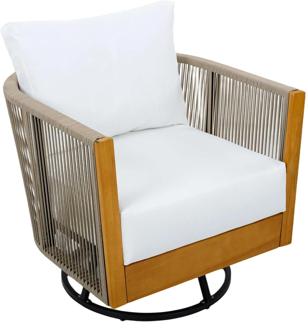 Garden Swivel Chair, Natural Acacia Wood with Handwoven Rope Design, Beige