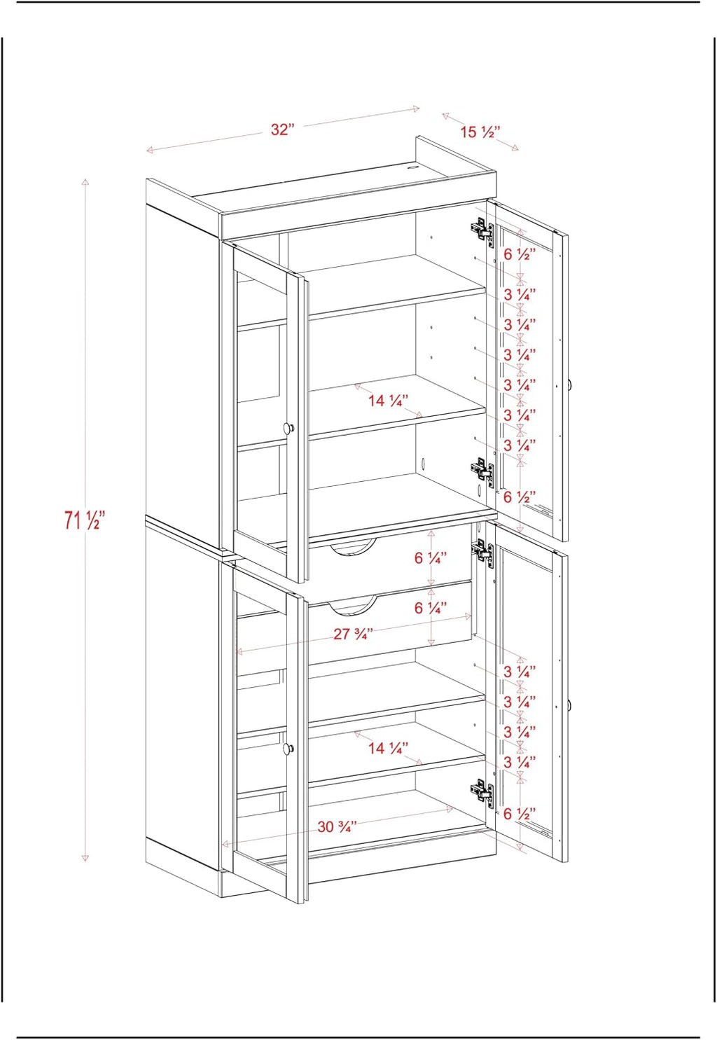 Palace Imports 100% Solid Wood 32"" Pantry Cabinet with Clear Glass Doors, 2-Drawers & Adjustable Shelves