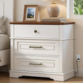 RALGEND 29.5" Tall Nightstand with Charging Station, 3 Drawer Farmhouse Night Stand, 27.6" Wide End Table with Storage, Large Bedside Table for Bedroom Living Room, White and Walnut