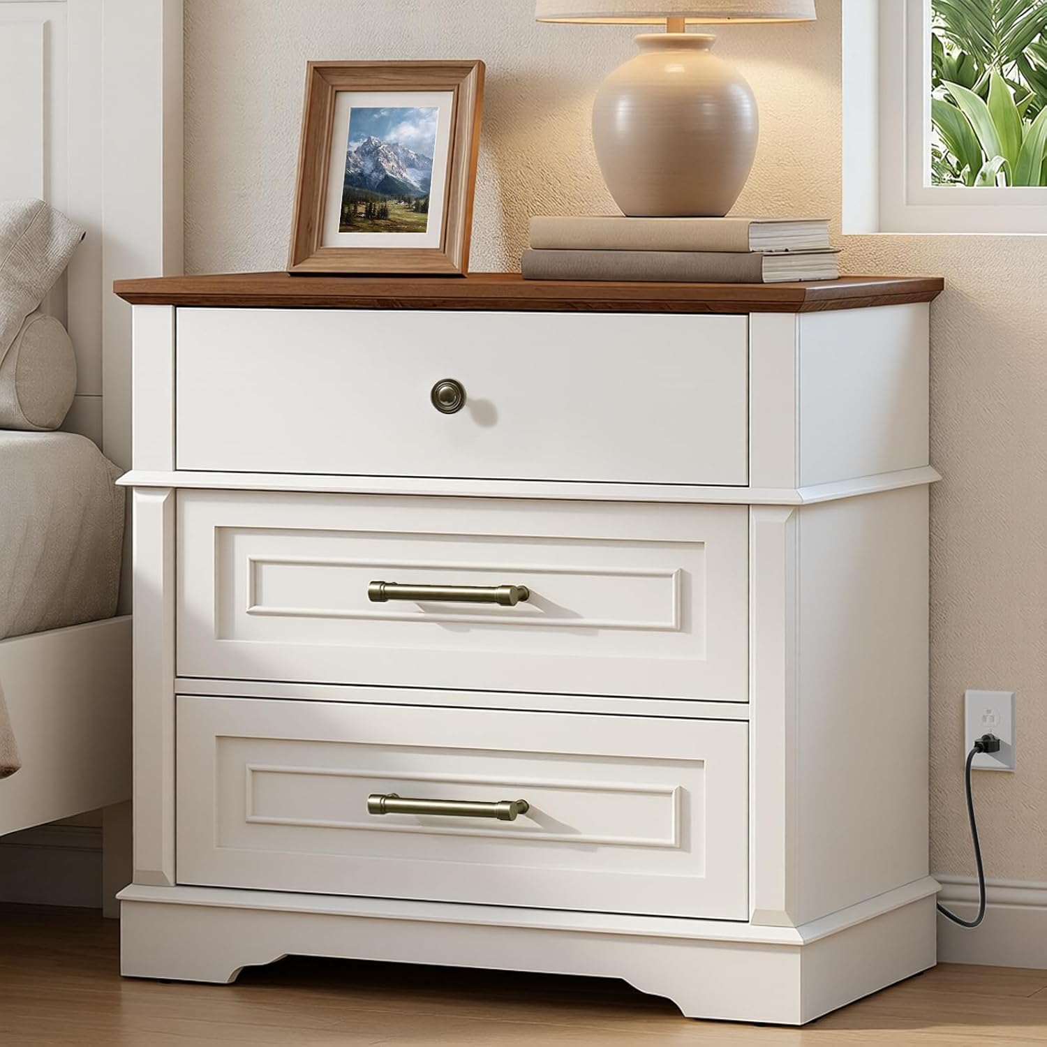 RALGEND 29.5" Tall Nightstand with Charging Station, 3 Drawer Farmhouse Night Stand, 27.6" Wide End Table with Storage, Large Bedside Table for Bedroom Living Room, White and Walnut