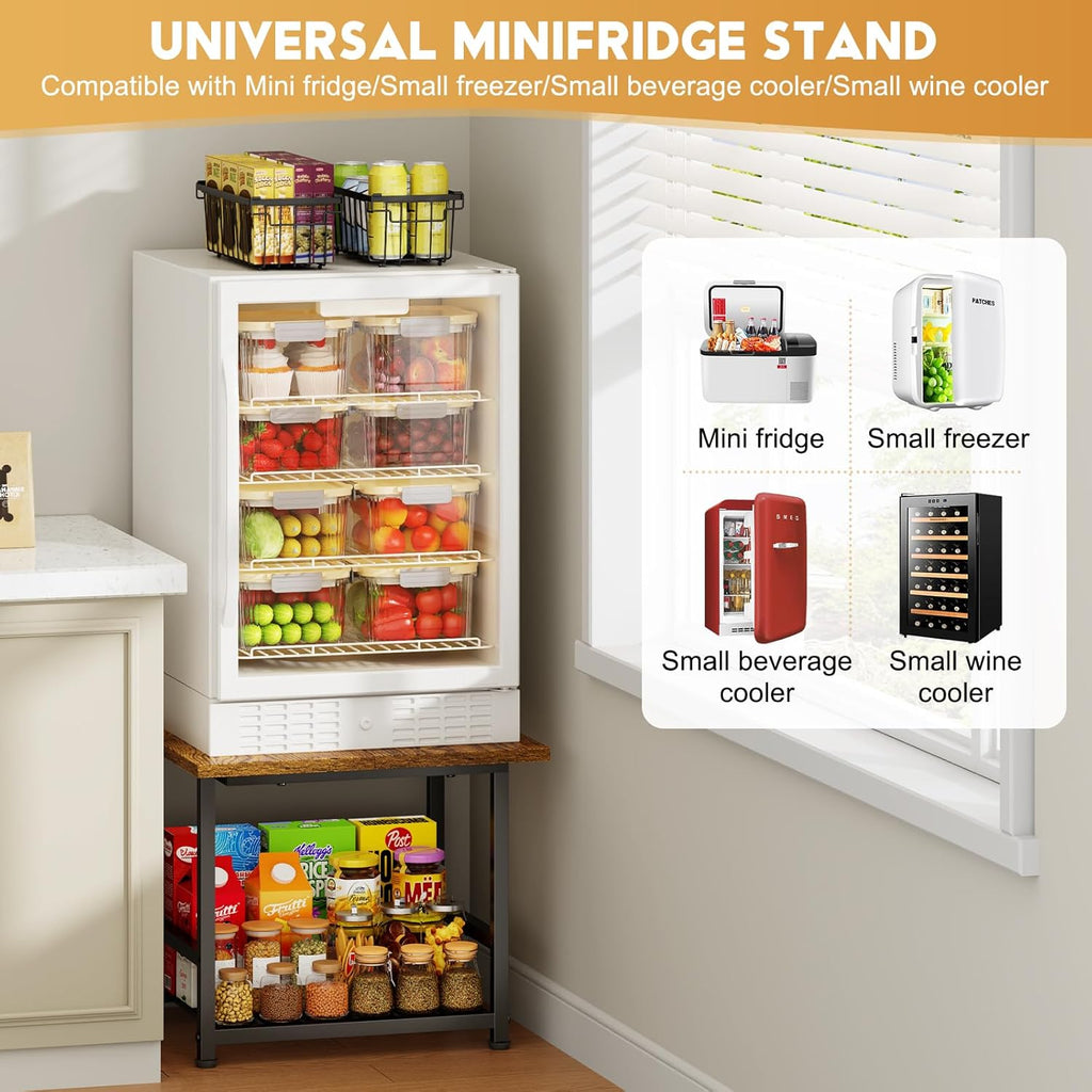 Mini Fridge Stand with Storage, End Table with 2-Tire Storage Shelf,Small Refrigerator Stand-Max Load 300 LBS Heavy Microwave Printer Stand Utility Cart for Dorm, Apartment, Kitchen, Office (Brown)