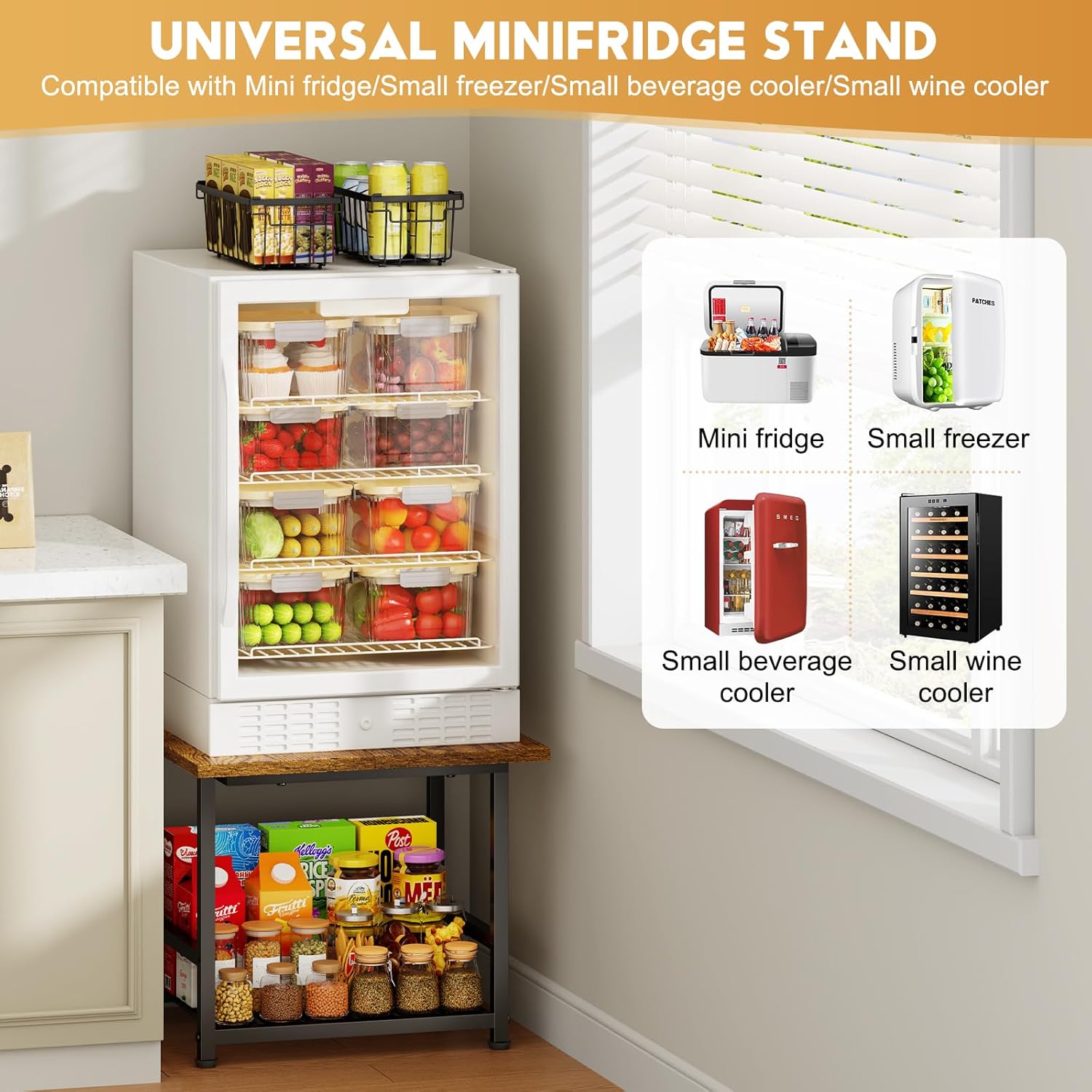 Mini Fridge Stand with Storage, End Table with 2-Tire Storage Shelf,Small Refrigerator Stand-Max Load 300 LBS Heavy Microwave Printer Stand Utility Cart for Dorm, Apartment, Kitchen, Office (Brown)