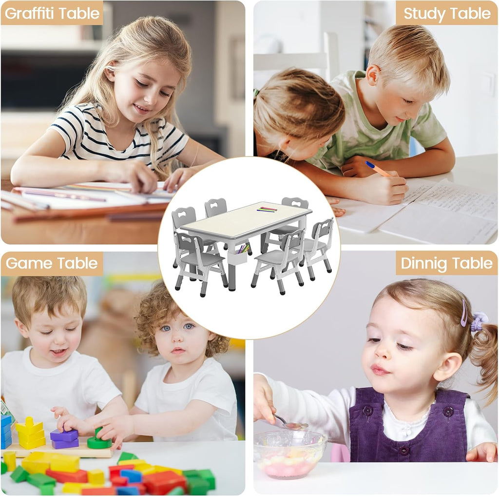 IDEALHOUSE Kids Table and 6 Chairs Set, 47" l x 24" w Height Adjustable Toddler Activity Table with Storage Boxes & 12 Water Pens, Wipe-Clean Wood Grain Desktop for Home Classroom Daycare Gray