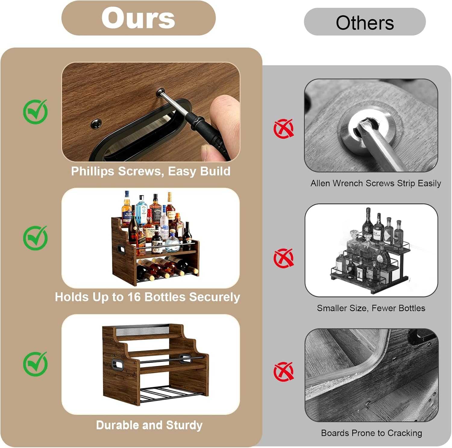 4-Tier Wood Display Shelf Wine Rack for 16 Bottles Wood Coffee Syrup Organizer with Handles Home Whiskey Shelf Retro Mini Liquor Cabinet Spice Rack Coffee Bar Shelves, Walnut