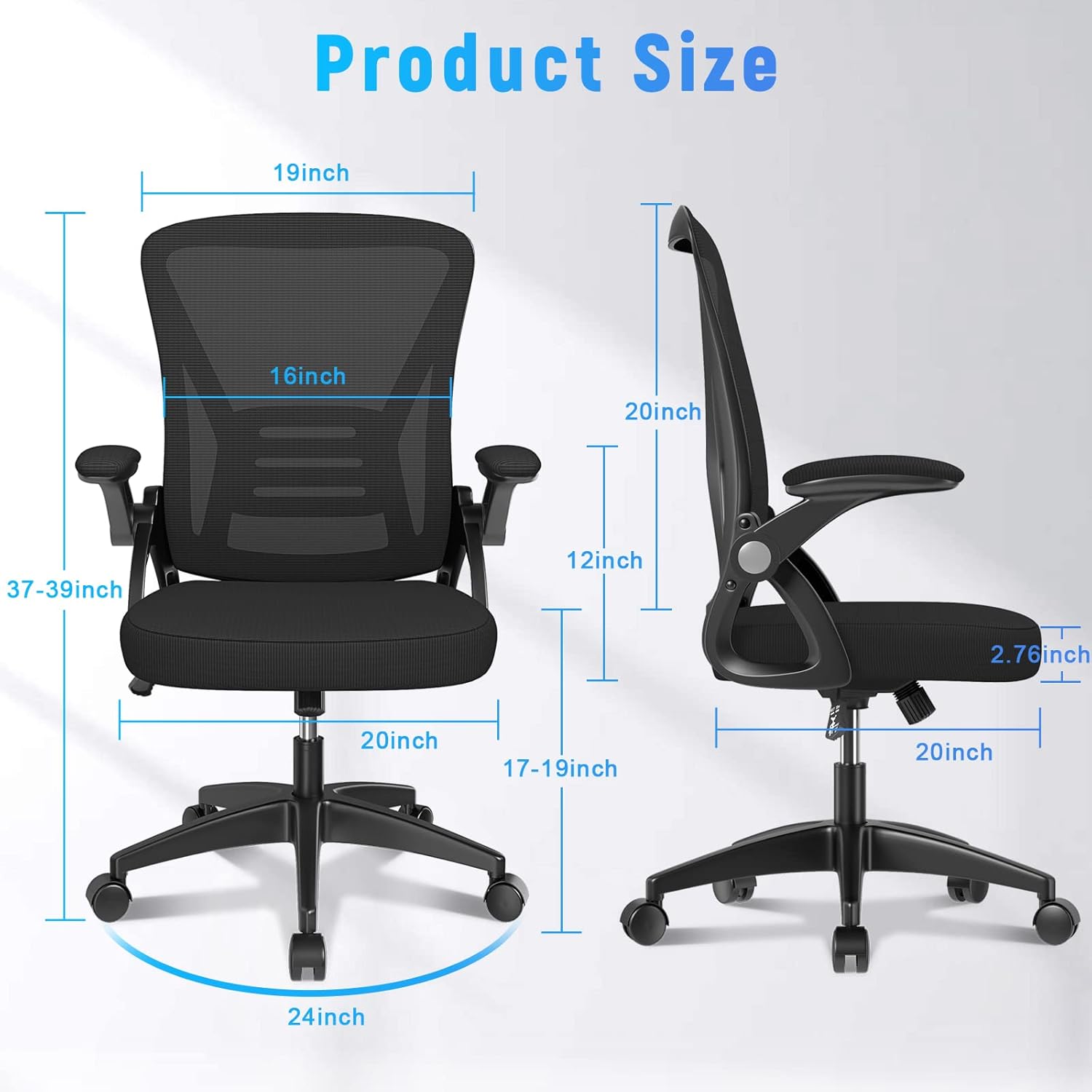naspaluro Ergonomic Office Chair, Mid Back Desk Chairs with Adjustable Height, Swivel Chair with Flip-Up Arms and Lumbar Support, Breathable Mesh Computer Chair for Home/Study/Working, Dark Black