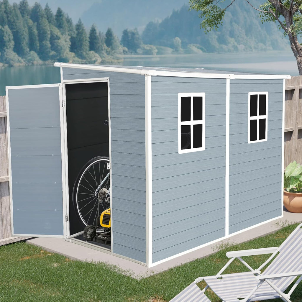 4x8 FT Outdoor Resin Storage Shed - Waterproof Garden Sheds with Lockable Double Doors,Windows and Floor for Lawn, Backyard, Patio, Tool Storage Use,Gray