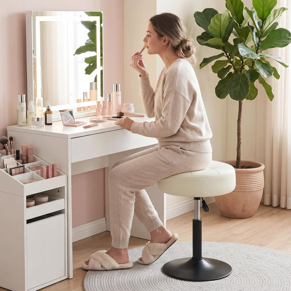 Furniliving Adjustable Swivel Vanity Stool, Makeup Ottoman Stool, PU Leather Chair for Makeup Room, Small Makeup Stool for Vanity, Bedroom, Living Room, White