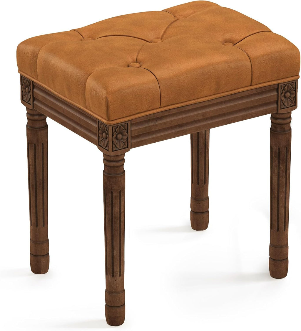LUE BONA Upholstered Fabric Vanity Bench Seat, Makeup Stools for Vanity, Square Tufted Ottoman Bench with Carved Dark Brown Color Legs for Bedroom Living Room, Whiskey Brown
