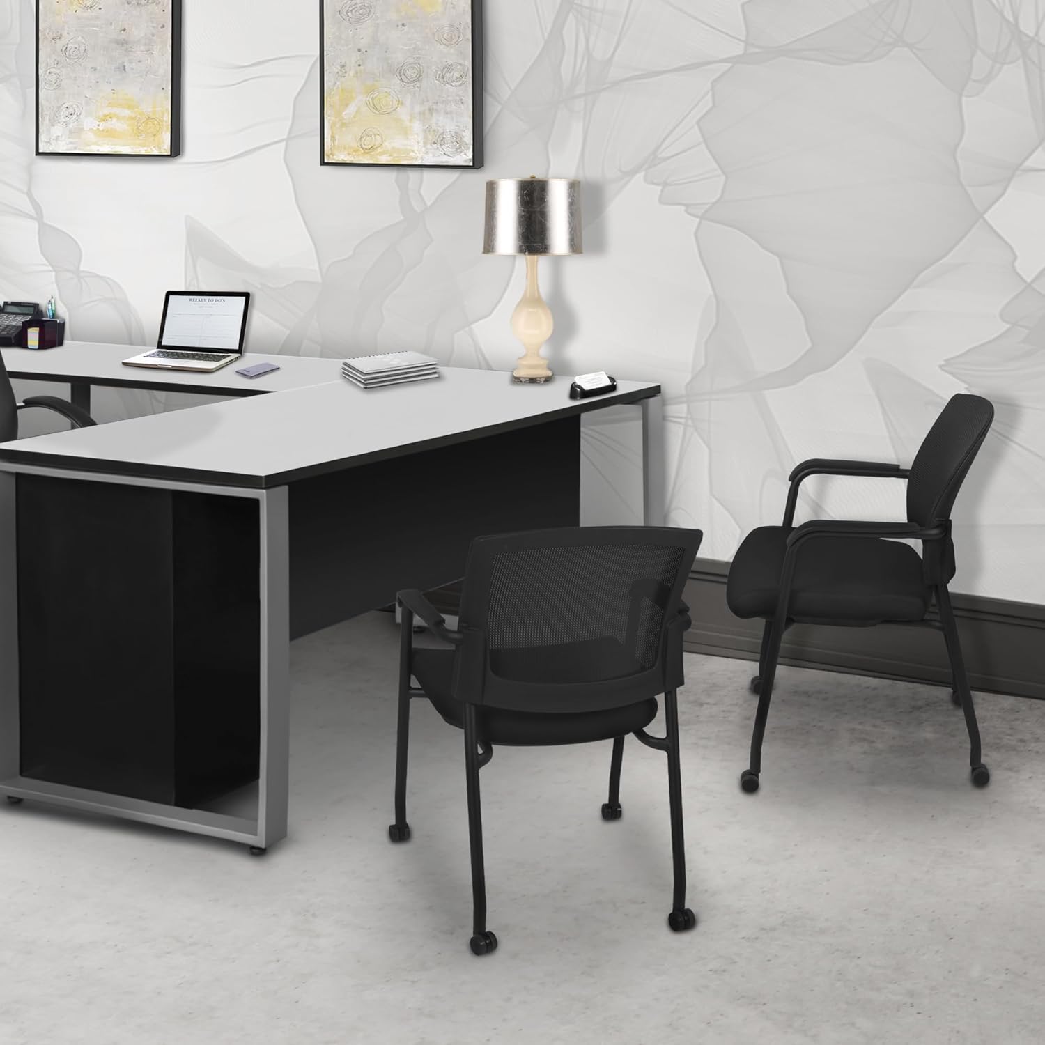 Romig Knight Multi-Purpose Mesh Side Chair with Casters – Ergonomic Rolling Guest Chair with Padded Seat & Arms for Office, Conference Room & Training Spaces (Black)