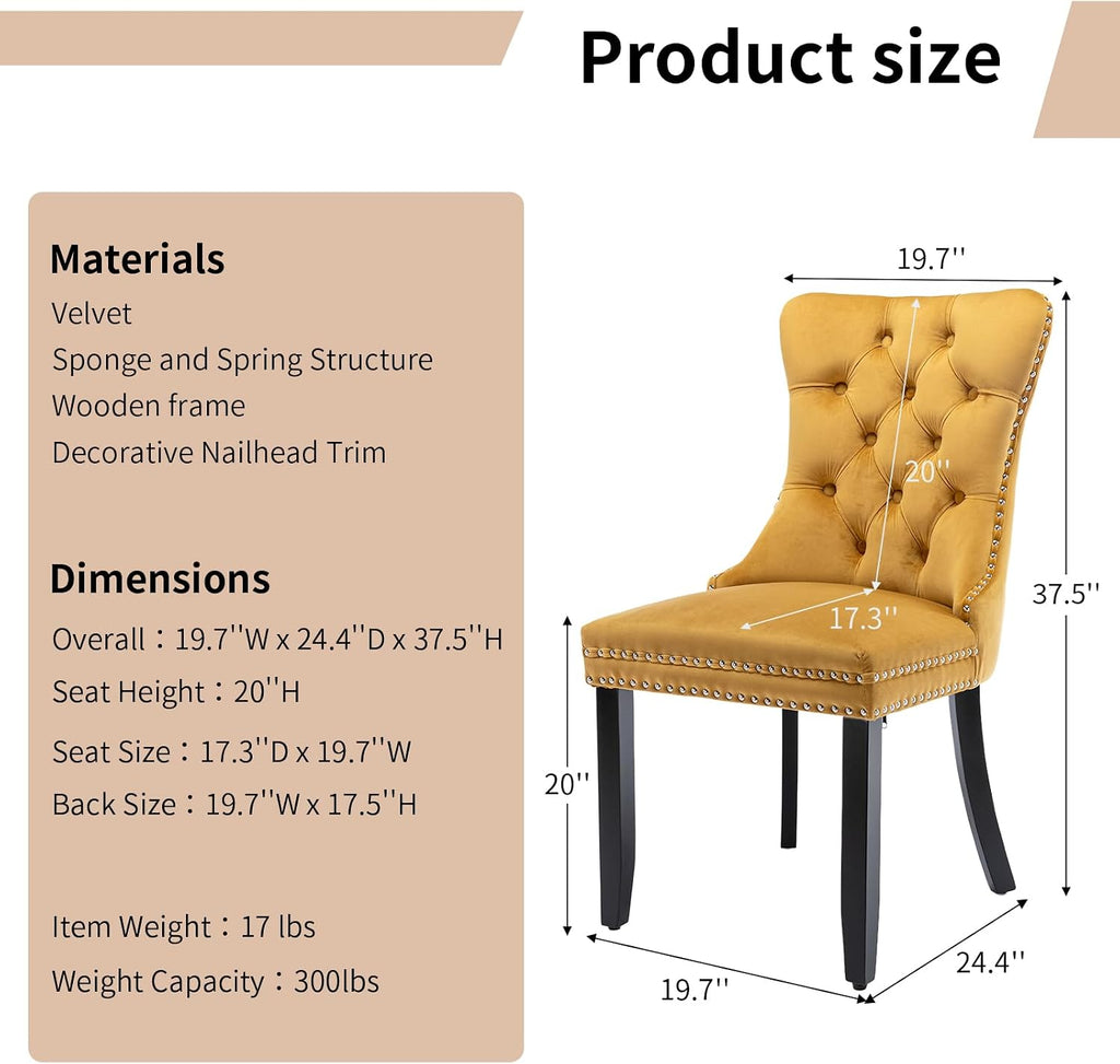 Modern Dining Chairs Set of 4, Tufted Upholstered Dining Chair with Solid Wood Legs, Yellow Velvet Accent Chair, Sillas de Comedor, 4 Dining Chairs (Gold, Velvet, 4Pcs)