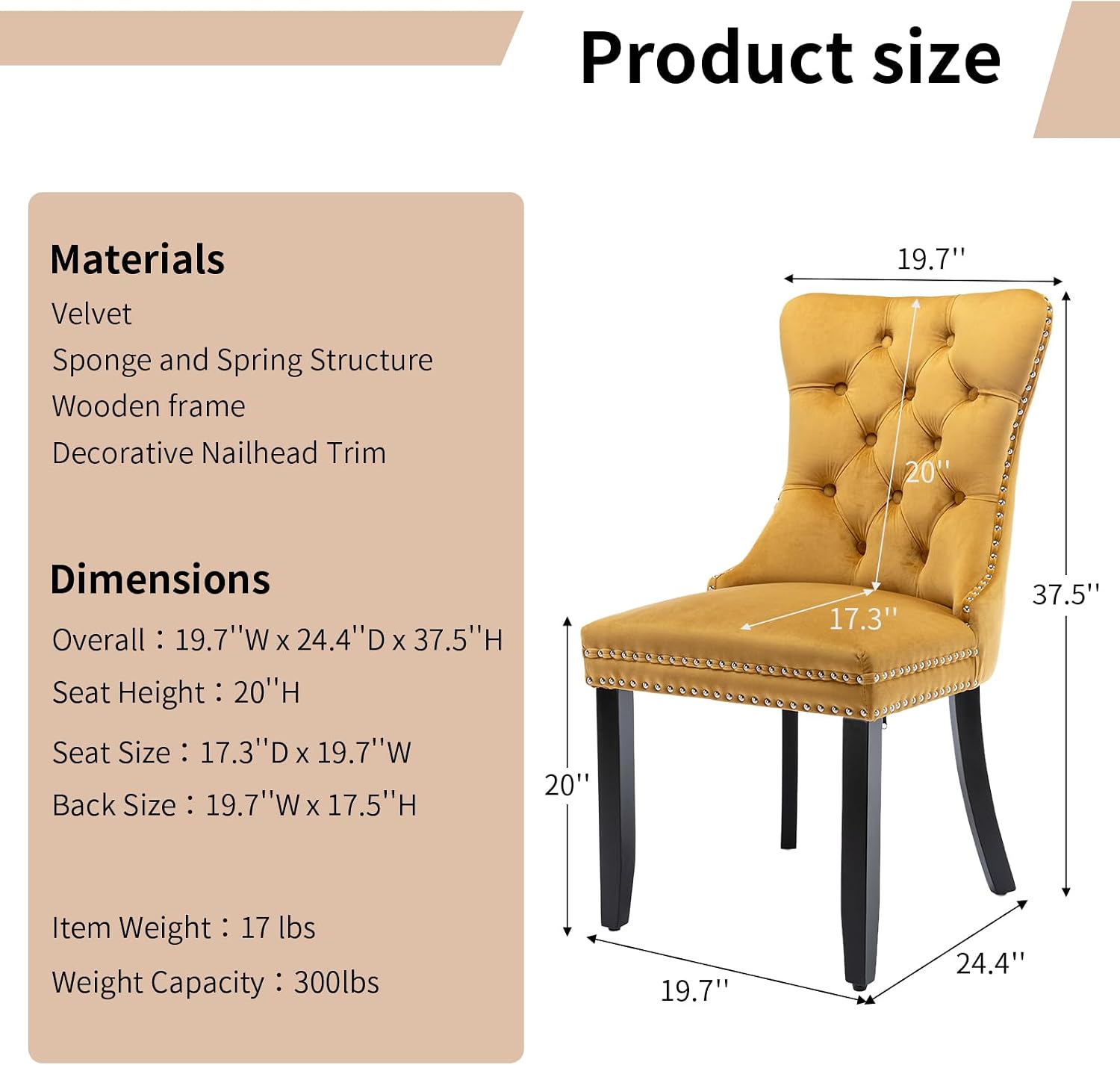 Modern Dining Chairs Set of 4, Tufted Upholstered Dining Chair with Solid Wood Legs, Yellow Velvet Accent Chair, Sillas de Comedor, 4 Dining Chairs (Gold, Velvet, 4Pcs)