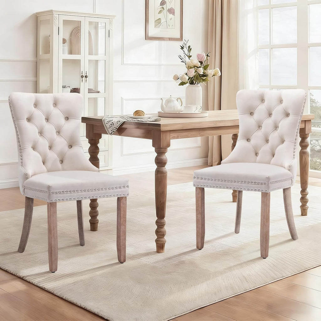 Velvet Dining Chair Set of 2 Upholstered Tufted Dining Room Chair with Nailhead Trim and Solid Wood Legs for Kitchen, Restaurant,Beige
