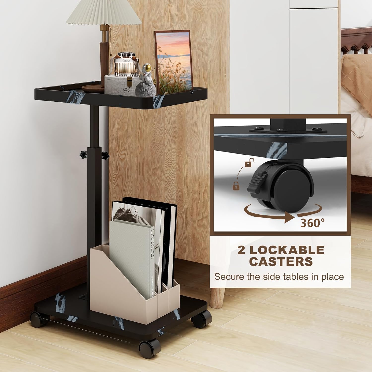 Adjustable C Shaped Side Table, C Table End Table with Wheels for Sofa, 360° Swivel Sofa Table for Livingroom,Bedroom,Study and Small Spaces (Marble Black White)