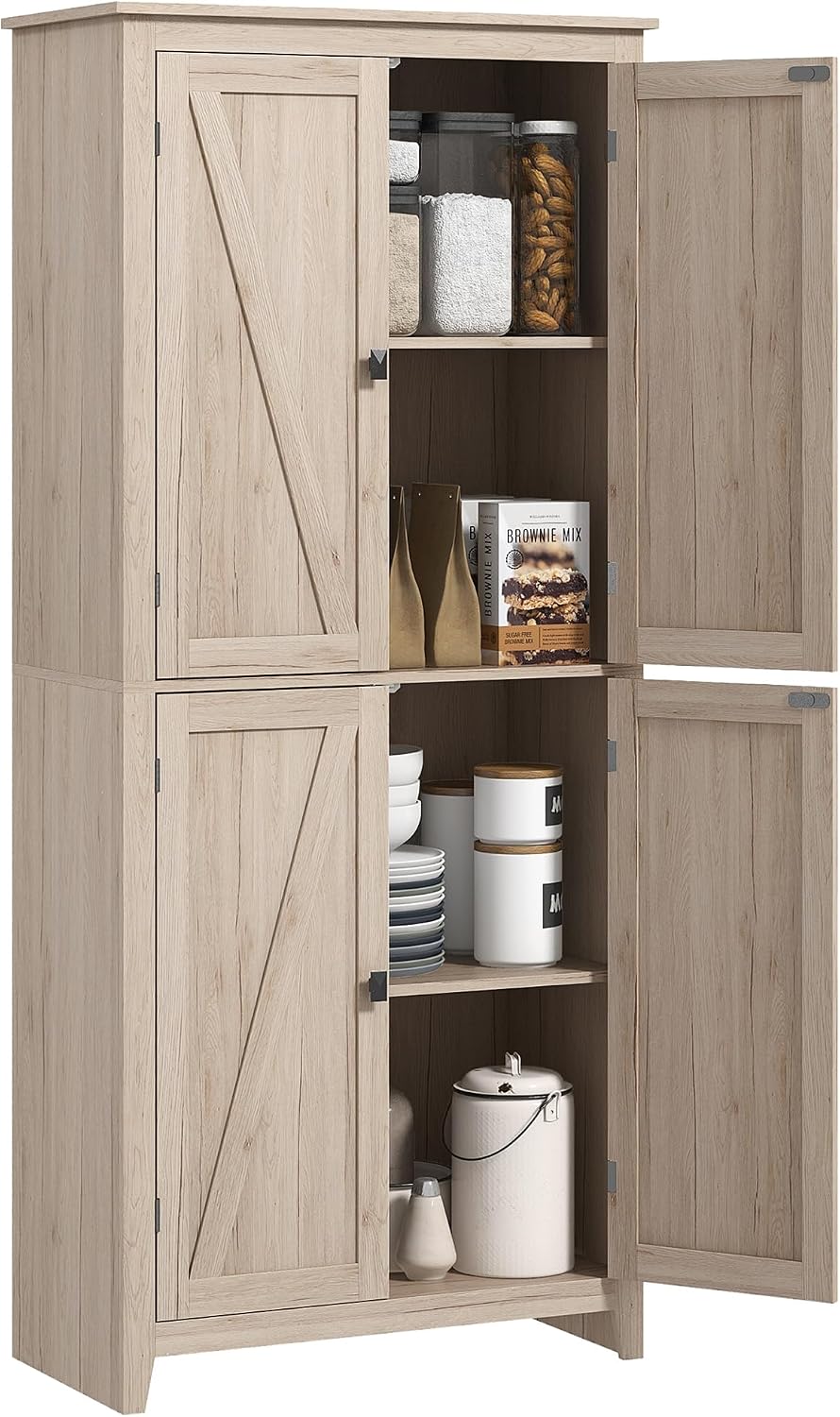 31.5" D*15.75" W*71.75" H Natural Wood Kitchen Pantry with 2 Shelves, 2 Double Doors, Farmhouse Rectangular Storage Cabinet, for Living Room, Dining Room