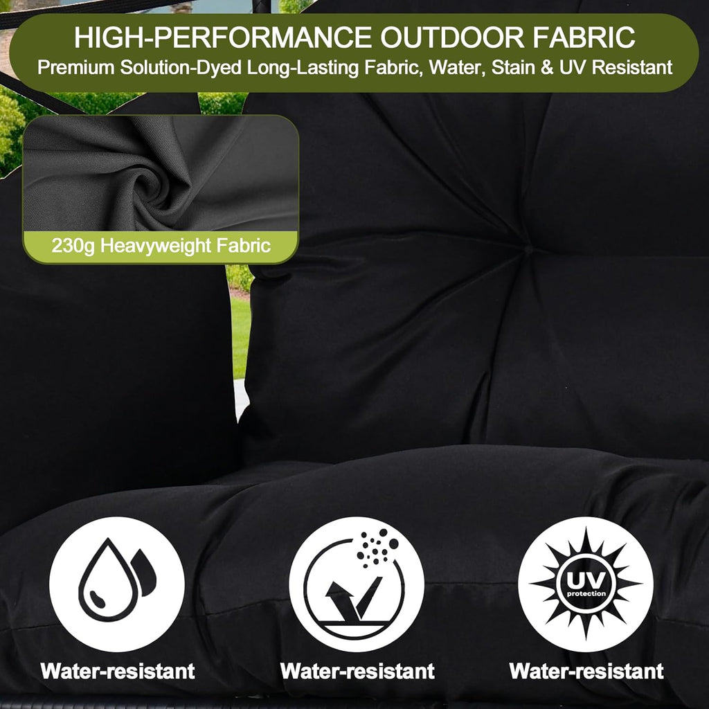 Double Wicker Egg Chair with Ottoman, Indoor Outdoor Egg Basket Lounge Chair with Thick Cushion, 650 lbs Capacity Oversized Rattan Egg Shaped Chair with Leg for Patio Balcony Garden (Black)