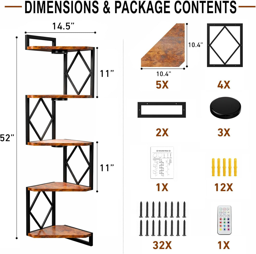HAAYOT Corner Shelf Wall Mounted: 5-Tier Floating Shelves with Lights for Living Room, Bedroom, Home Office, Rustic Brown