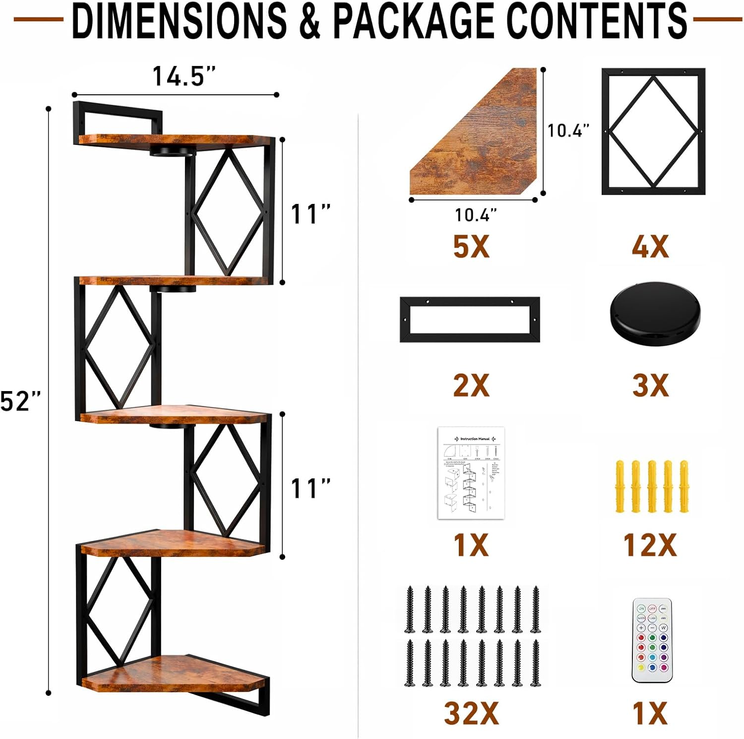 HAAYOT Corner Shelf Wall Mounted: 5-Tier Floating Shelves with Lights for Living Room, Bedroom, Home Office, Rustic Brown