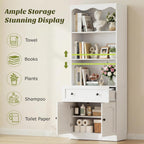 Cyclysio 80" Tall Pantry Cabinet with 3-Tier Open Shelves, White Kitchen Pantry Storage Cabinet with Drawer, Kitchen Organizer with Built-in Baseboard Notch for Kitchen, Living Room, Bathroom
