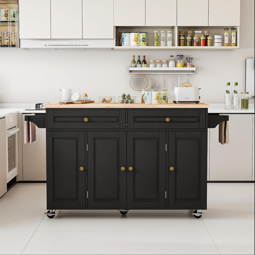 Kitchen Island Cart with Storage on Wheels, 59" Large Rolling Kitchen Island with Drop Leaf, Mobile Island for Kitchen with Towel Rack, Drawers for Dining Room, Black