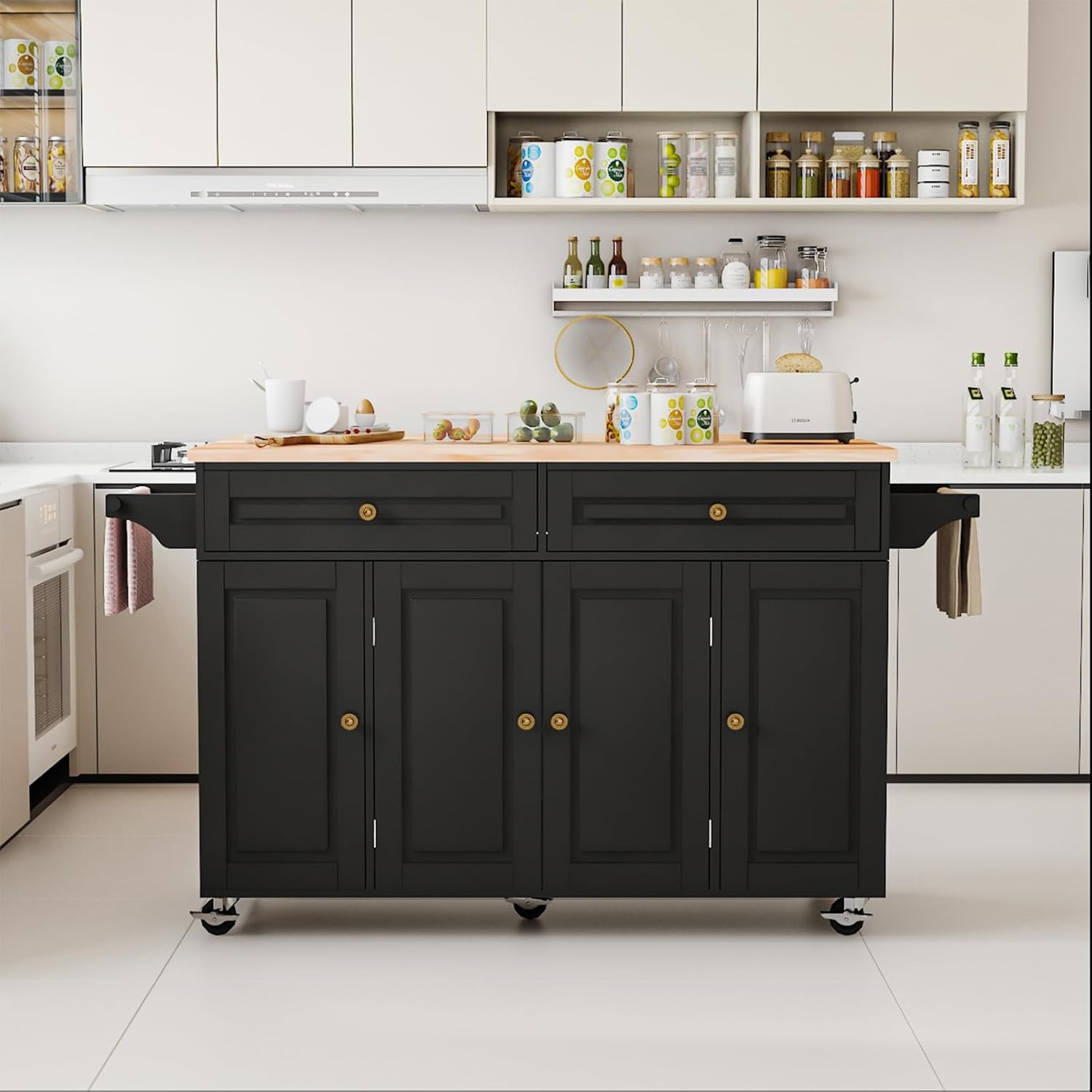 Kitchen Island Cart with Storage on Wheels, 59" Large Rolling Kitchen Island with Drop Leaf, Mobile Island for Kitchen with Towel Rack, Drawers for Dining Room, Black