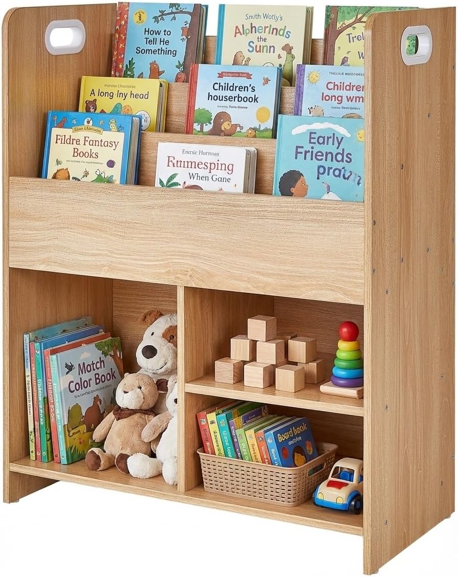 VECELO Wooden Kids Bookshelf, Toddler Bookcase Toy Storage Organizer with Open Shelves, Multi-Purpose Children Book Shelf for Books Toys, Toy Storage Cabinet for Nursery, Playroom, Bedroom, Natural