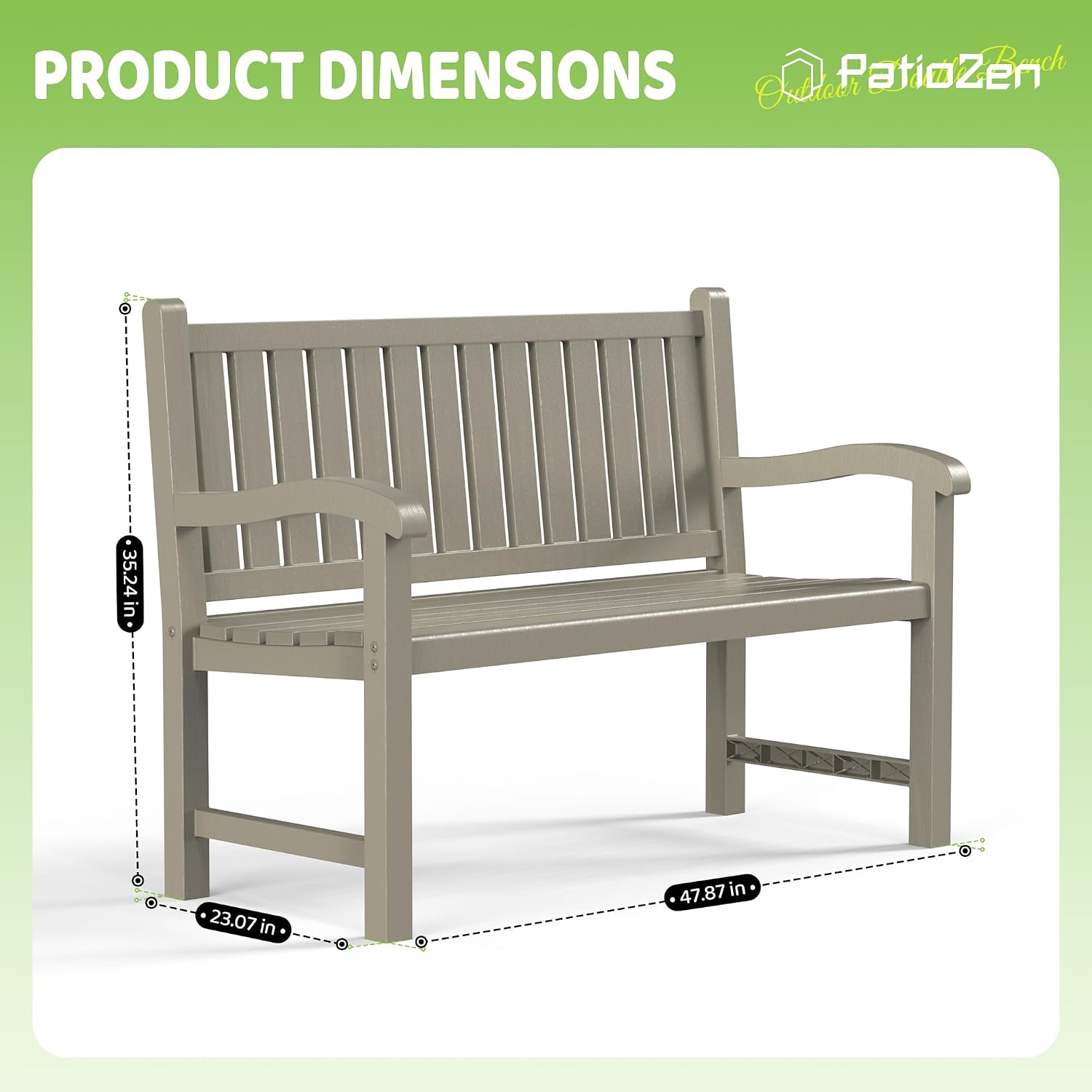 PatioZen Outdoor Bench, Waterproof & Weatherproof Garden Bench with Ergonomic Design, 2-Person Resin Bench for Porch, Deck, Patio, Outdoor, Garden & Park(Grey)