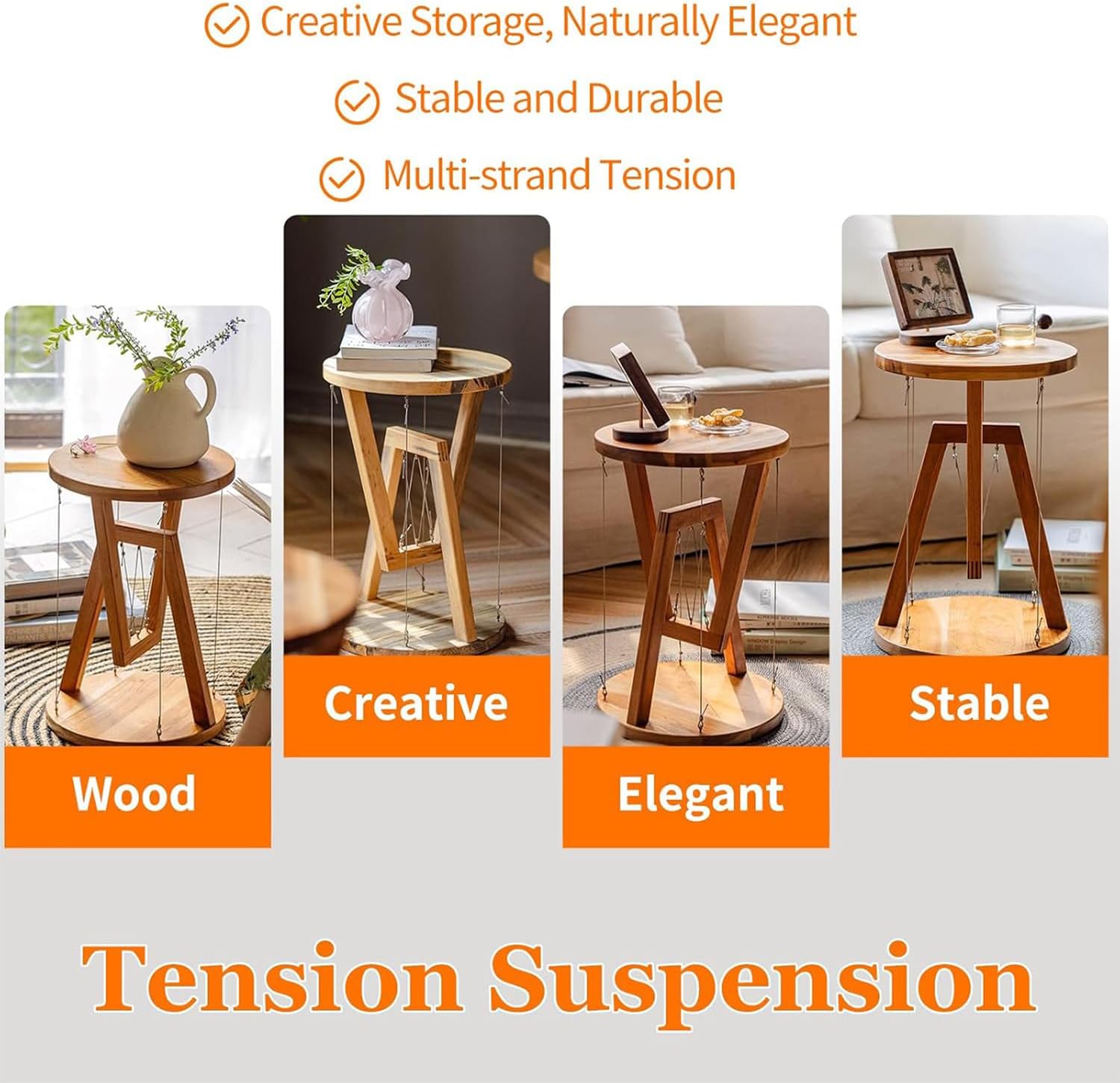 Floating Effect End Table, Solid Wood Tensegrity Side Table, Anti-Gravity Hanging Plant Rack, Modern Floating End Table, for Living Room & Bedroom (Natural, 11.8" L * 11.8" W * 17.5" H in, Wood)