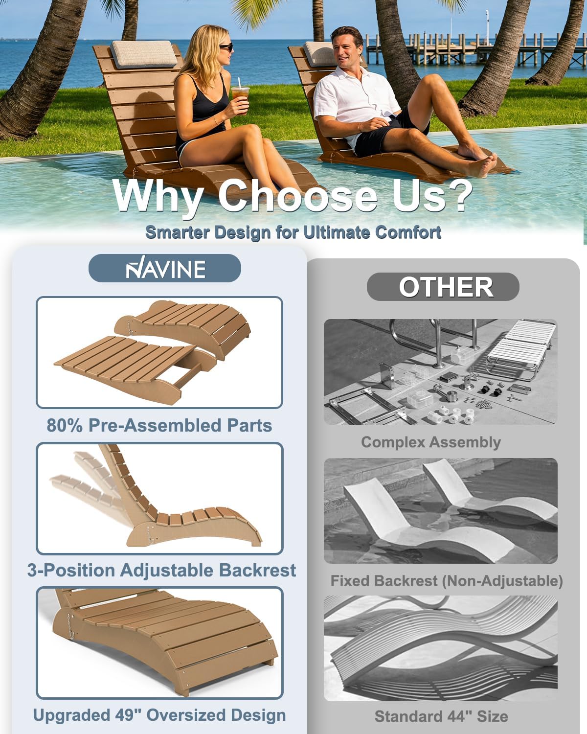 NAVINE Adjustable HDPE Pool Lounge Chairs Set of 2 with Headrest, Teak | All Weather, Weighted Fade-resistant Chaise Chairs, Pool Chairs and Lounger for Baja Ledge, Poolside Area and Deck