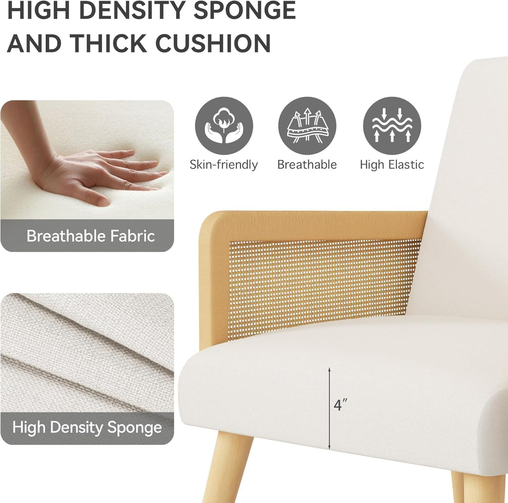 Nebuaegis Accent Chair with Rattan Arms, Living Room Chairs with Wood Legs, Modern Armchair for Bedroom, Lounge Chair Indoor for Reading Room Kitchen Beige