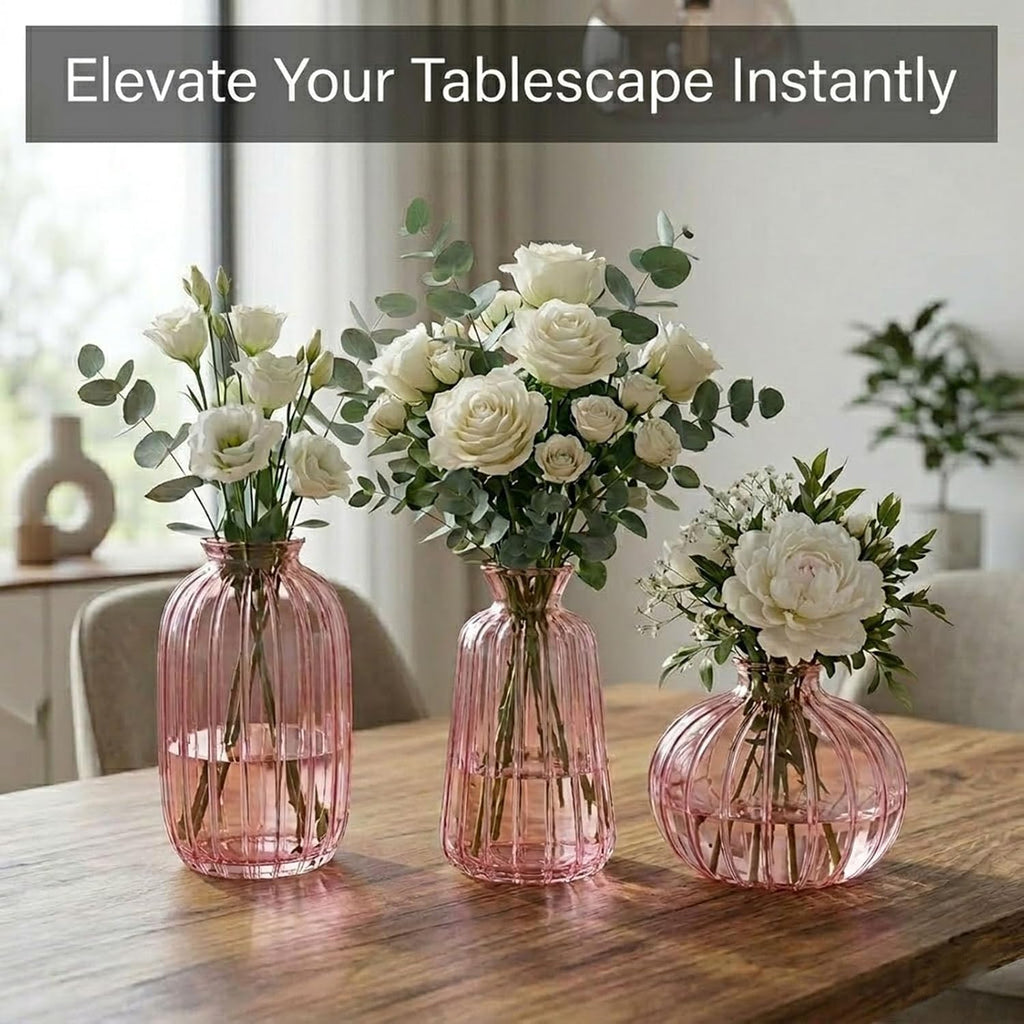Glass Bud Vases Set of 3,Small Pink Flower Vases for Wedding Centerpiece Table Decorations,Vintage Mini Vase,Flower Arrangements in Vases for Party or Home Decor (Pink)