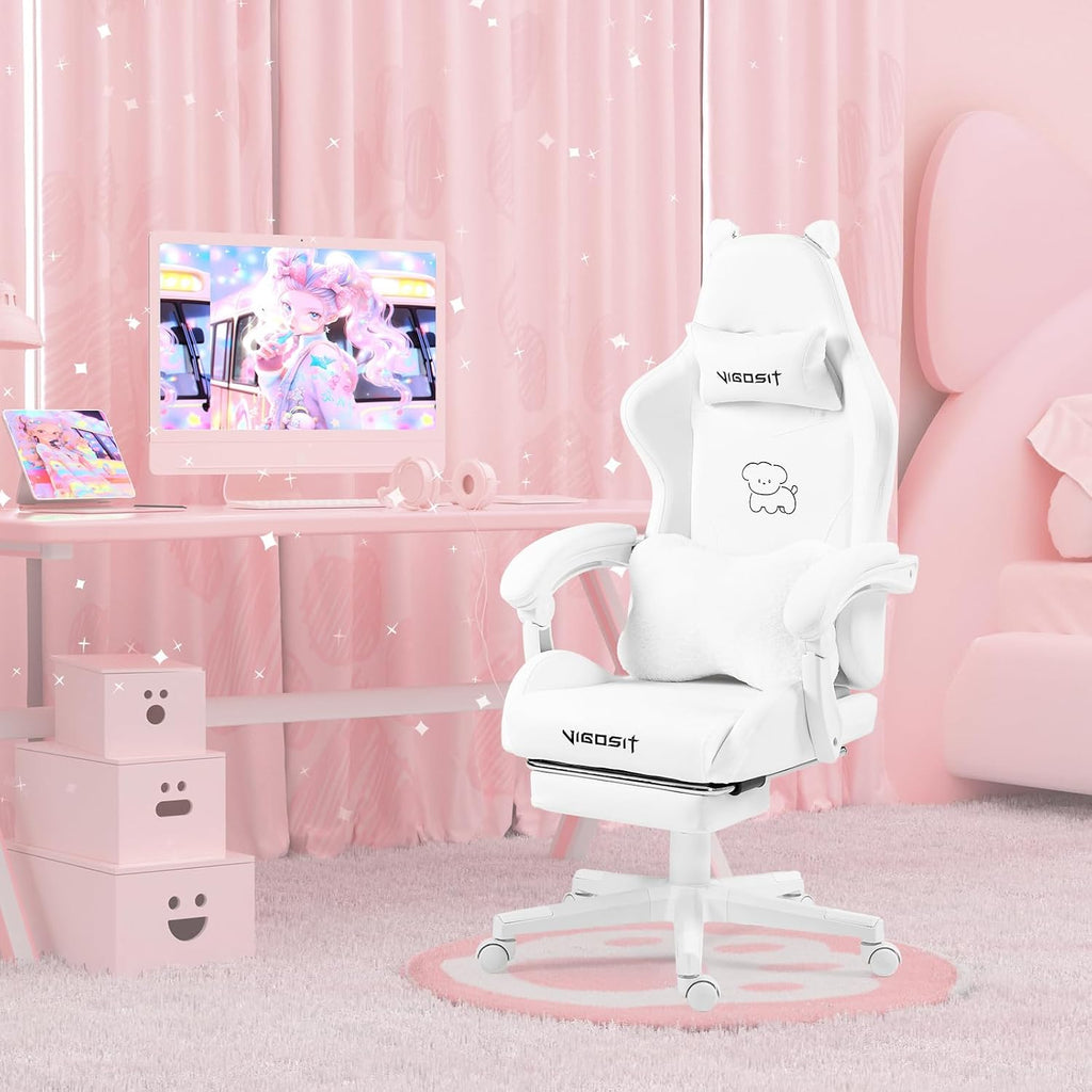 Vigosit White Dog Gaming Chair - Kawaii Design for Competitive Gamers & Adults, Ergonomic High Back with Lumbar Support, 310lbs Capacity