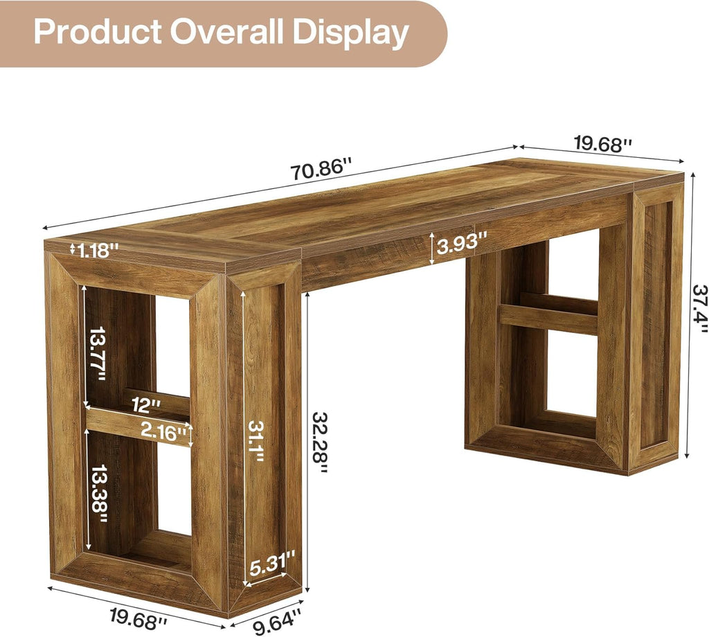 Tribesigns 70.87-Inch Extra Long Bar Height Table, Farmhouse Bar Table with Open Storage Shelves, Rectangular High Top Pub Tables for Kitchen, Dining Room, Living Room, Basement, Bistro, Rustic Brown