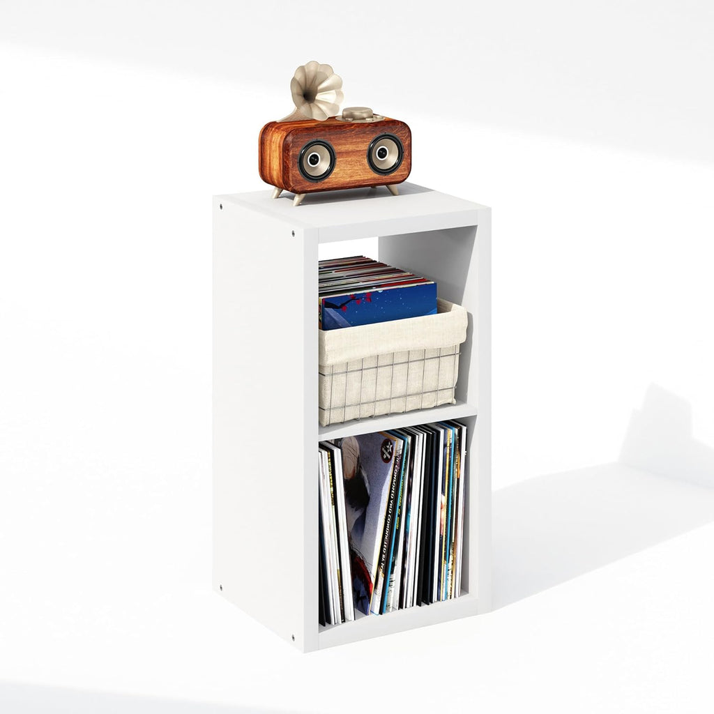 Furinno Cubicle Record Player Stand with Vinyl Storage, 2-Cube 1.2 Extra Thick Vinyl Record Storage, Open Back Media Shelf for CD DVD Blueray Game Disc, for Living Room, Home Office, White